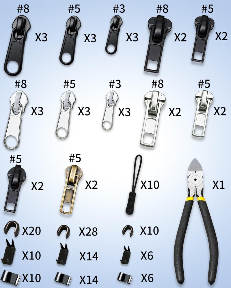 KOSOEUR Zipper Repair Kit (159 Pieces), Zipper Replacement Kit, Replacement Zippers Slider, Universal Zippers Fix Repair for Jacket, Coat, Backpack, Luggage, Suitcase (#3#5#8) - Image 2
